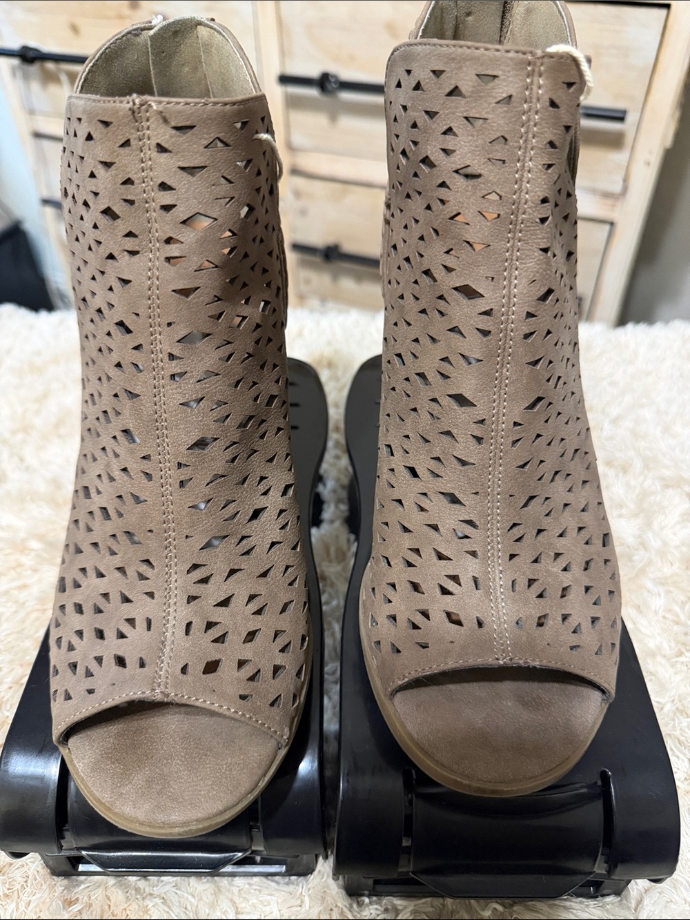 Indigo Taupe Laser-Cut Peep-Toe Ankle Booties